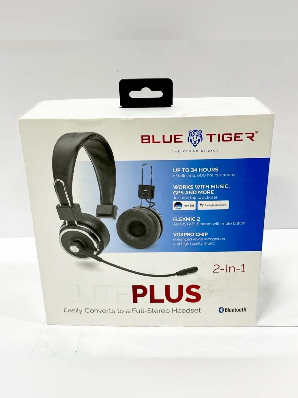 Blue Tiger Elite Plus 2-in-1 Convertible Bluetooth Headset, NC Boom Mic, Black